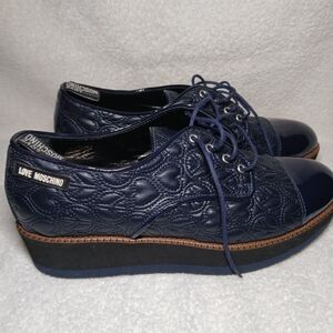 Love Moschino Quilted Navy Lace-Up Flats